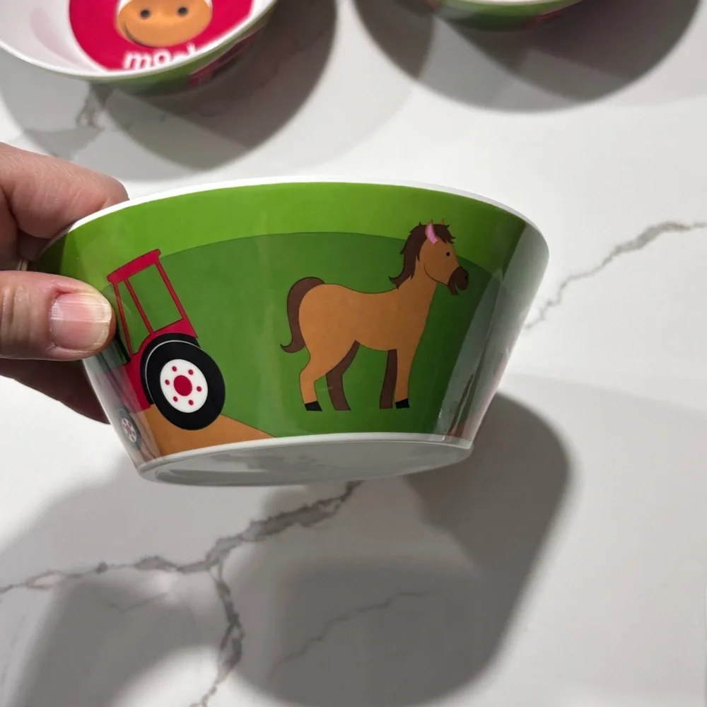 Plastic Green White Red Farm Themed Bowls Set Of 4 Dessert Cups Cow Horse Barn